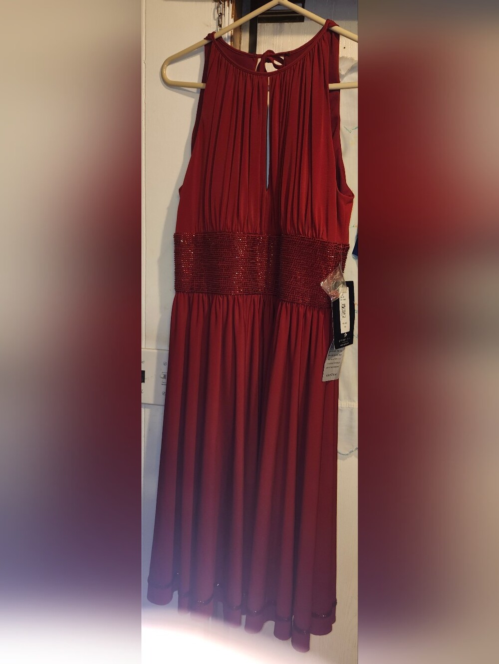 JS Boutique Red Beaded Halter Dress — Elegant, Sculpted